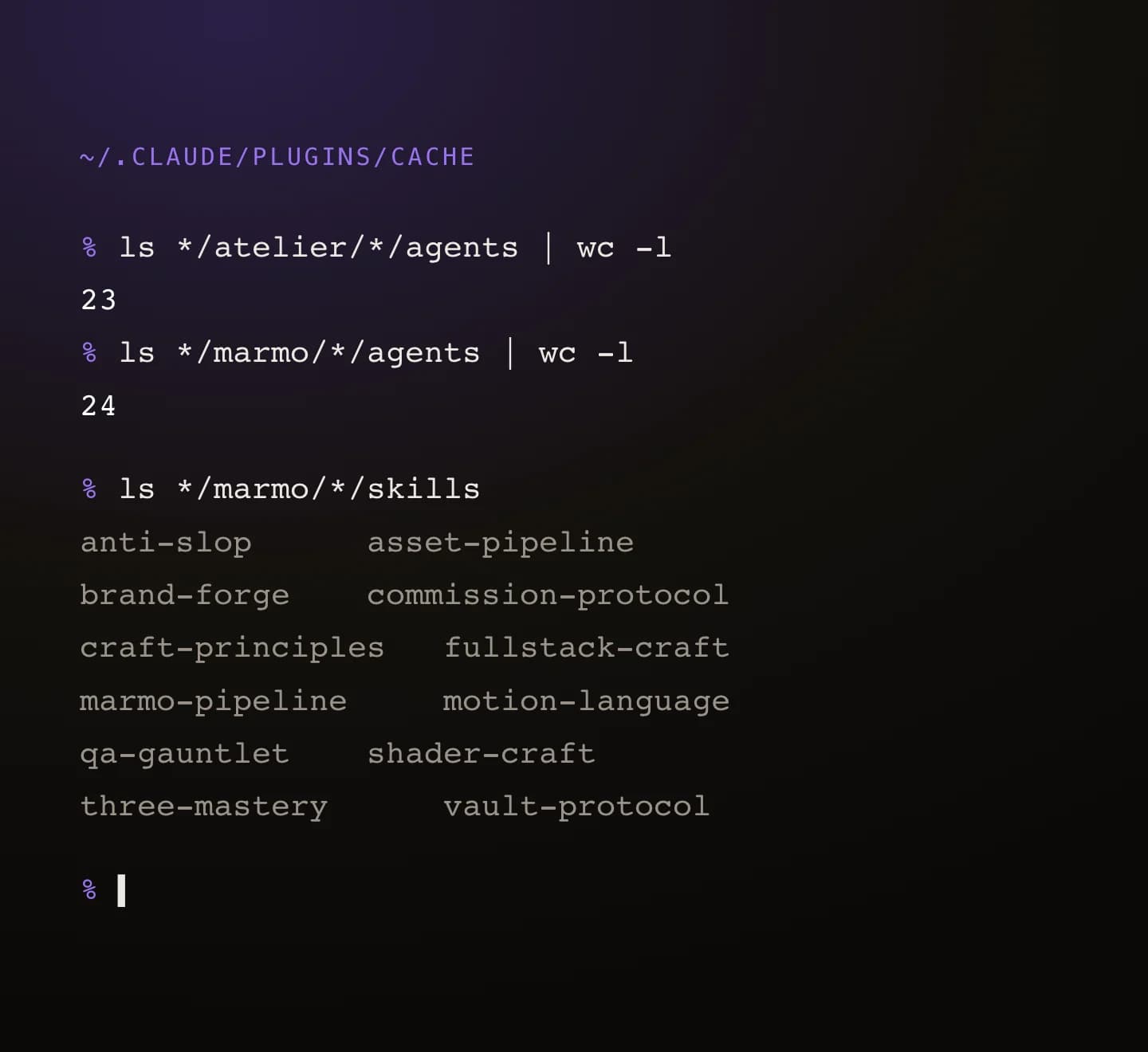 A terminal listing the installed agents and skills of both plugins.