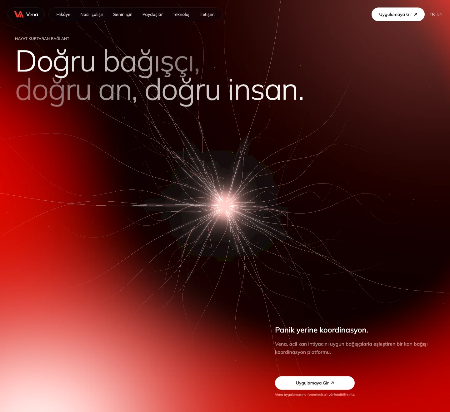 Vena's home page: a red visualisation of the blood-donation network.